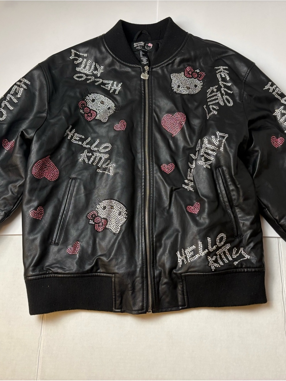 Forever 21 Black Faux Leather Kids Bomber Jacket with Pink Crystal Accents